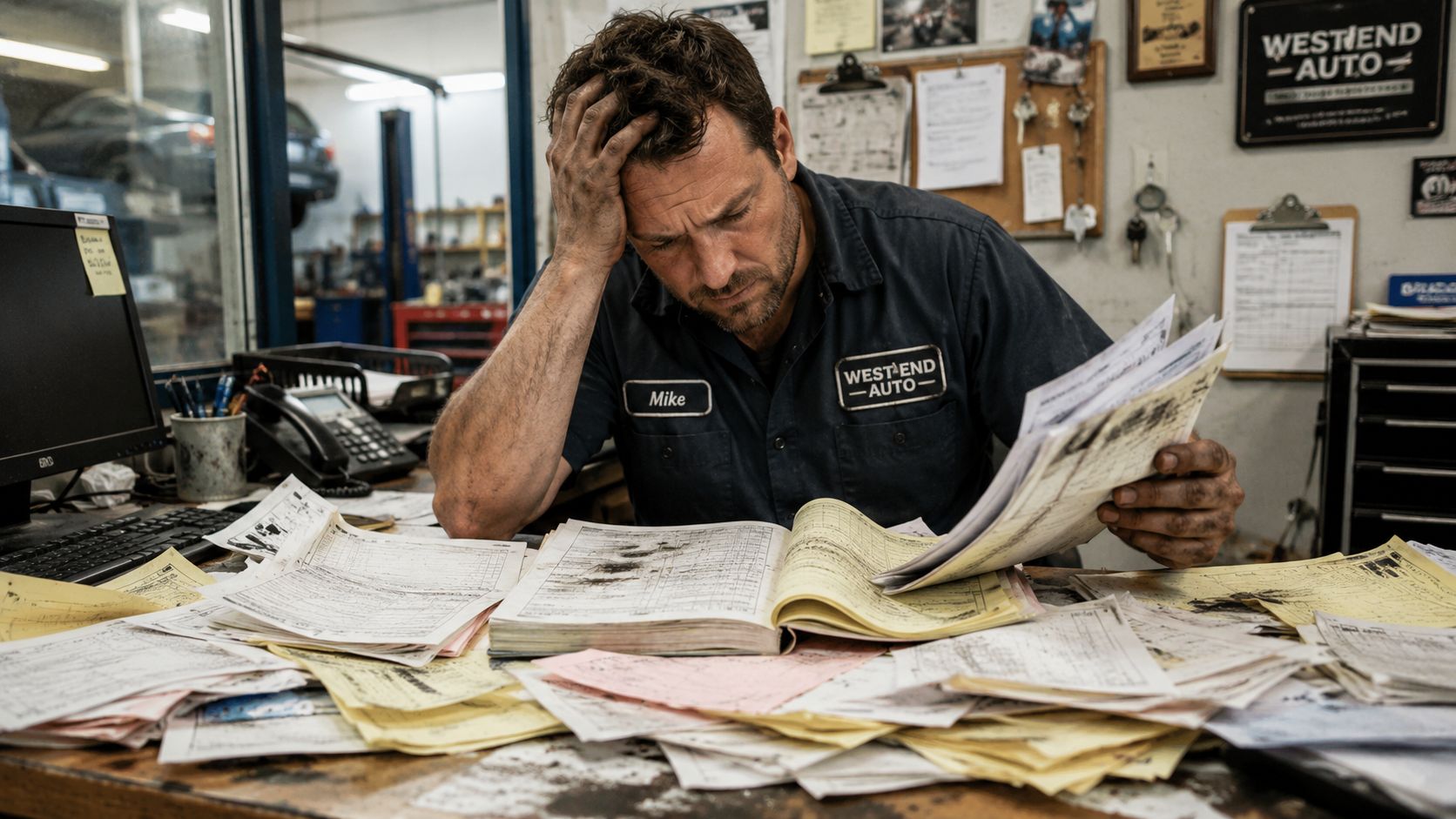 A stressed mechanic sitting at a cluttered desk working through piles of paperwork and invoices.