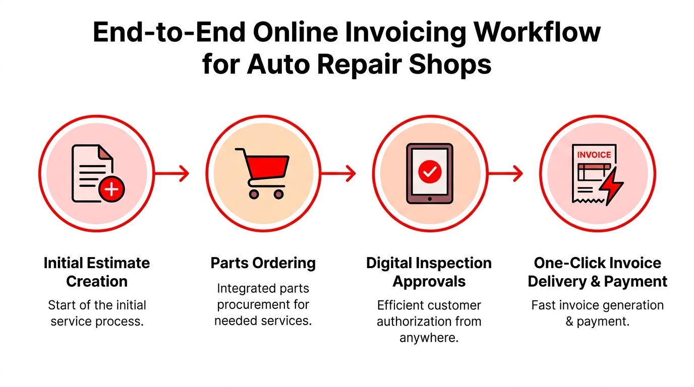 A four-step infographic illustrating the end-to-end online invoicing workflow process for automotive repair shops.