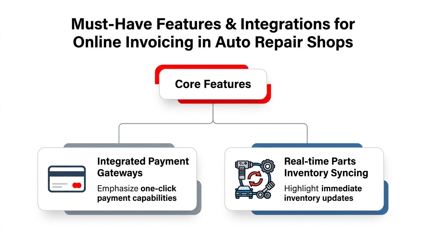 A diagram outlining core features for online invoicing in auto repair shops including payments and inventory syncing.