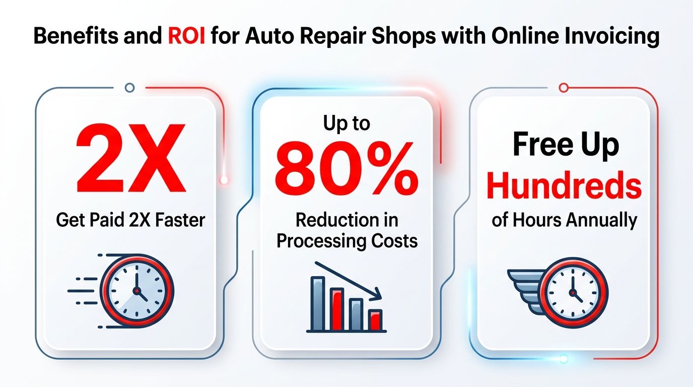 An infographic showing the financial benefits and ROI for auto repair shops using online invoicing systems.