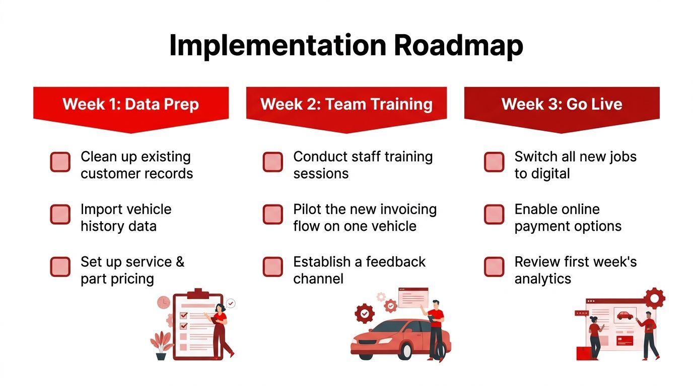 A three-week implementation roadmap for transitioning to a digital online invoicing service for automotive businesses.