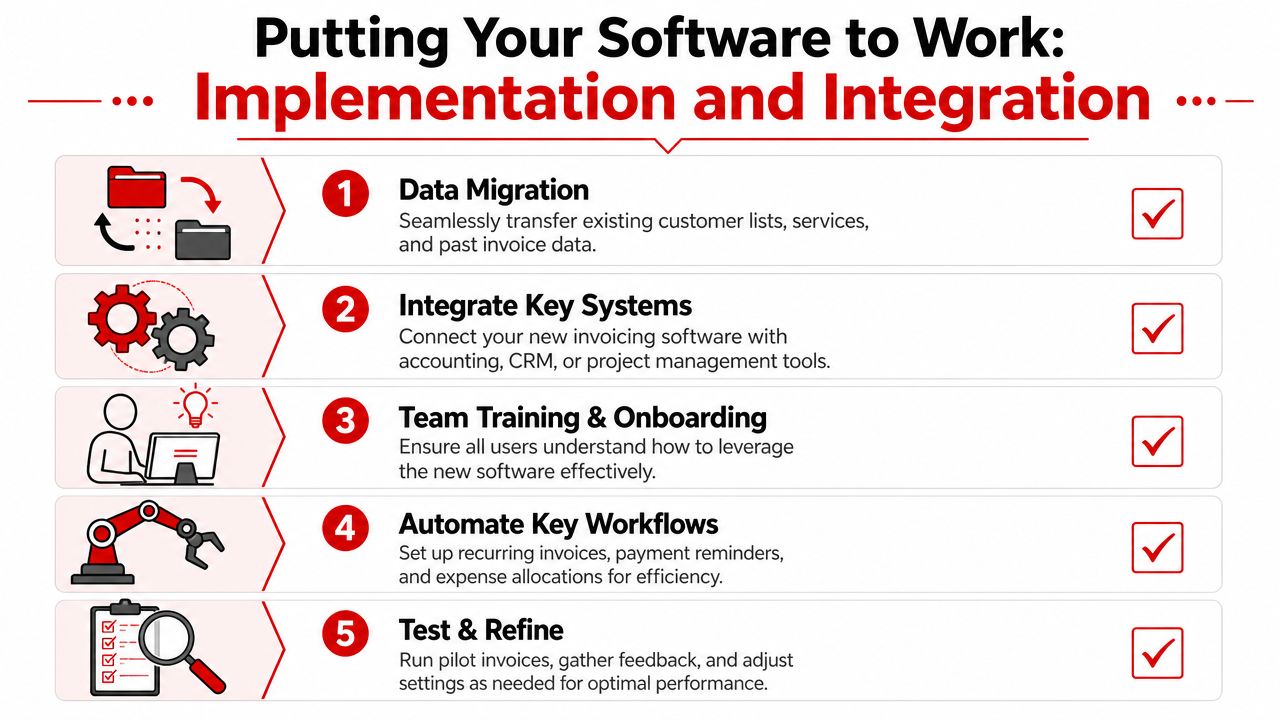 A five-step guide on implementing and integrating new invoicing software for business operations and efficiency.