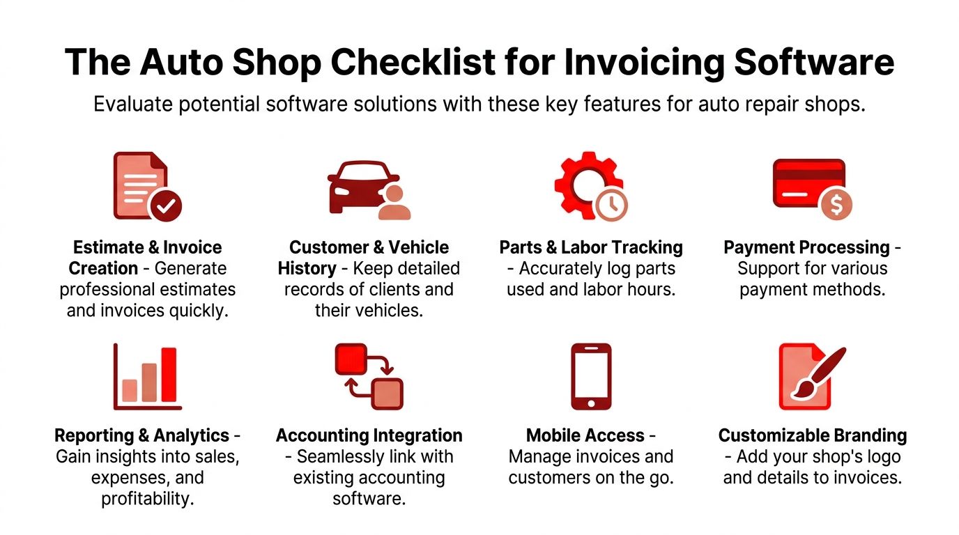 A checklist infographic outlining essential features to consider when evaluating invoicing software for auto repair shops.