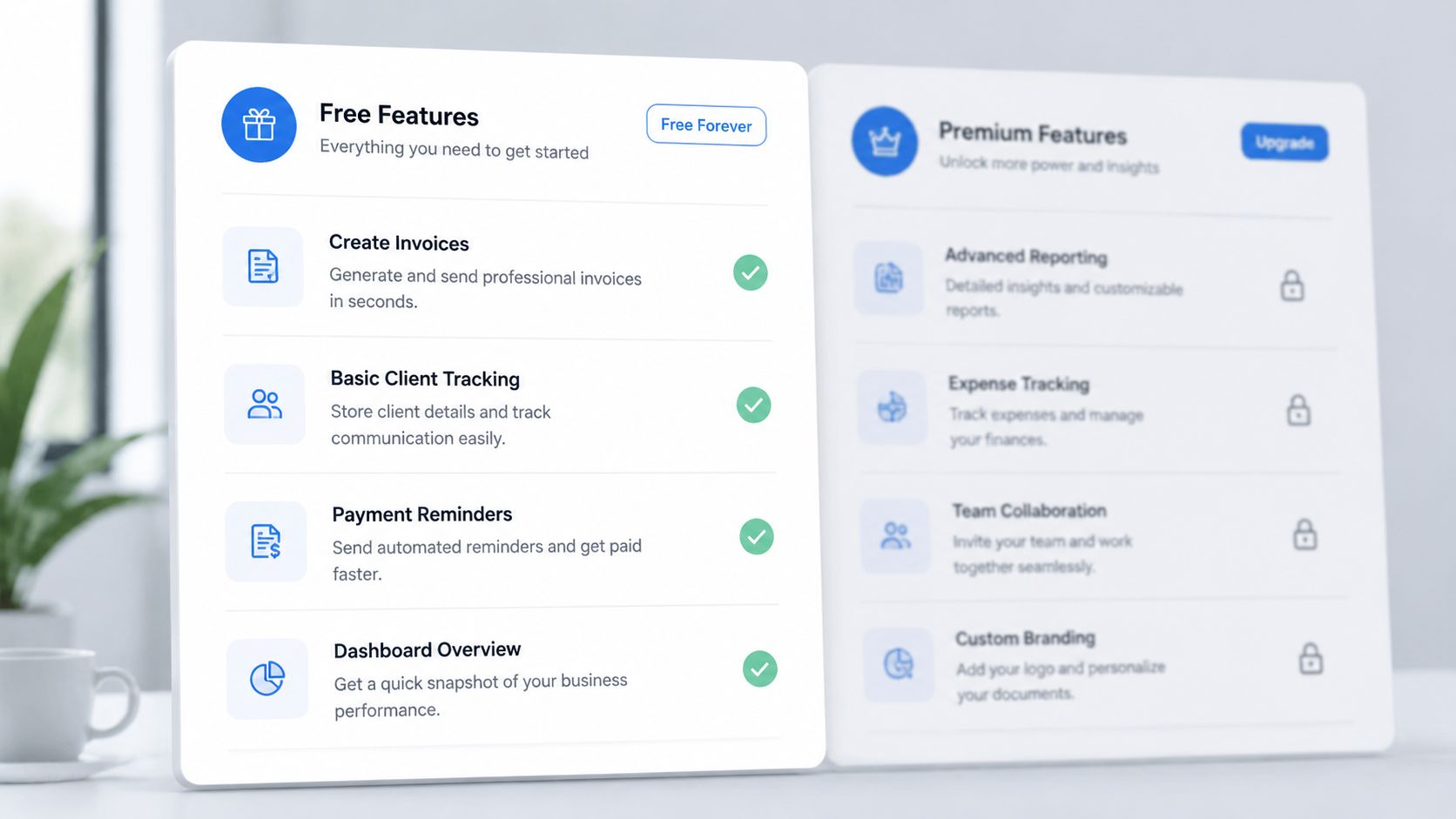 A comparison table between free and premium features for professional online invoicing software with checkmarks and locks.