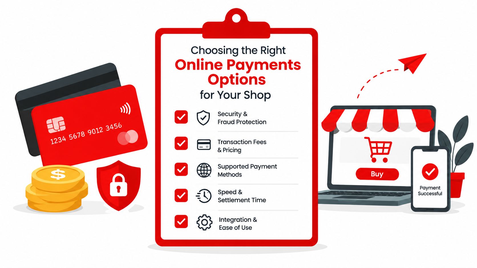 A clipboard graphic listing five key criteria for choosing online payment options for an e-commerce shop.