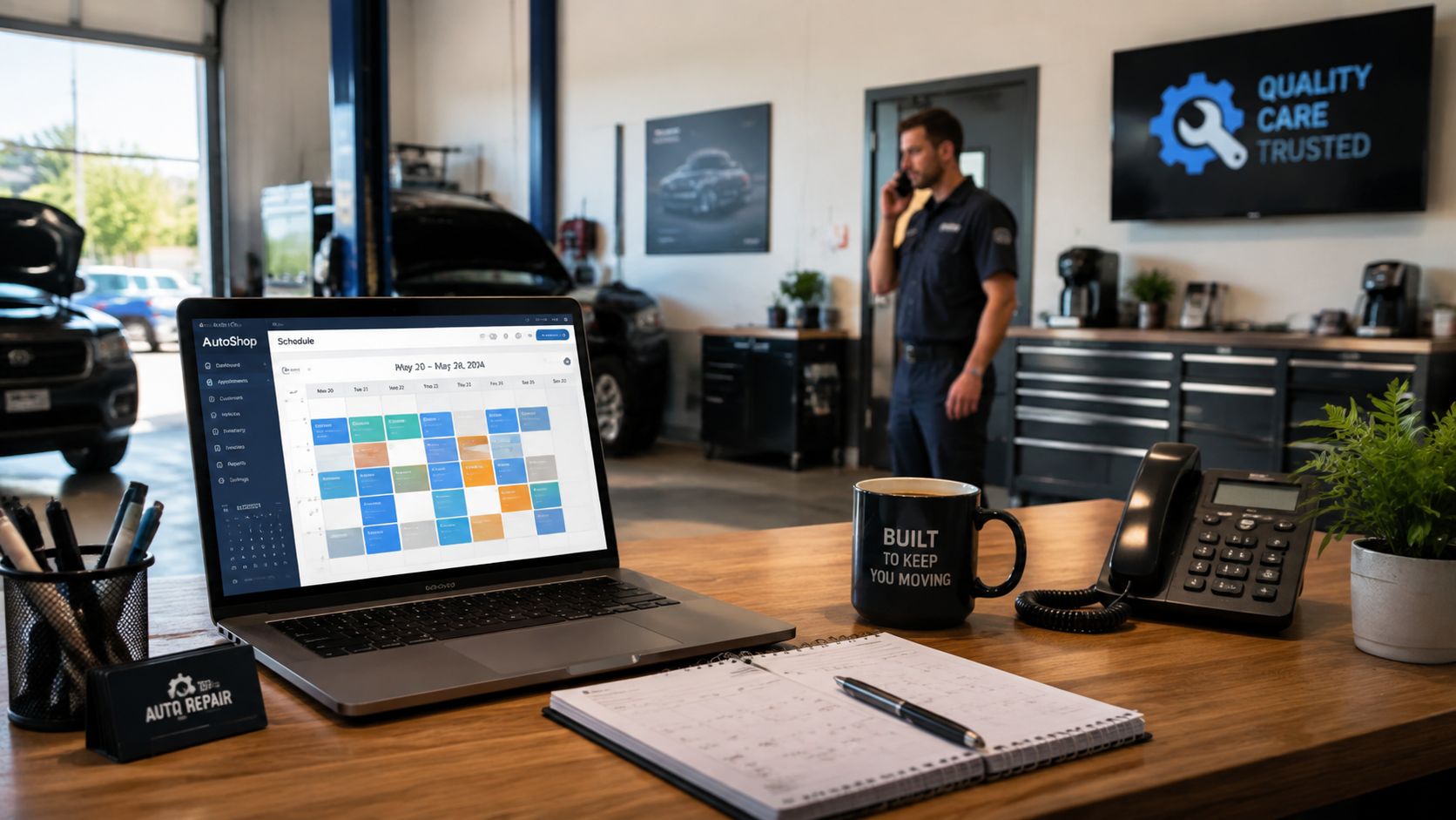 An office desk inside an auto repair shop featuring a laptop, coffee mug, phone, and notebook.