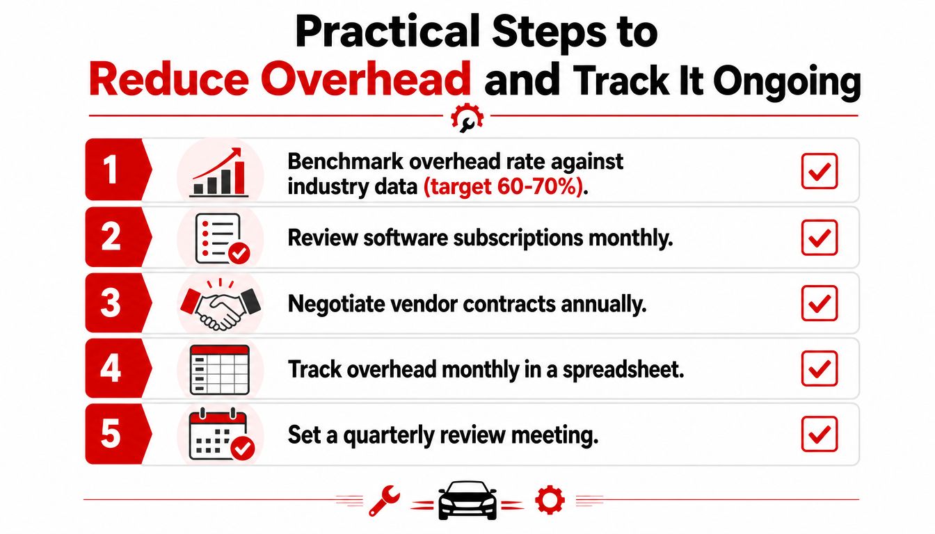 A list of five practical steps for businesses to reduce overhead and monitor it on an ongoing basis.