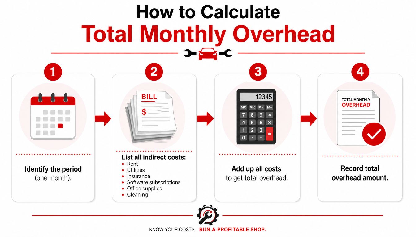 A four-step infographic illustrating how to calculate total monthly overhead costs for a business shop.