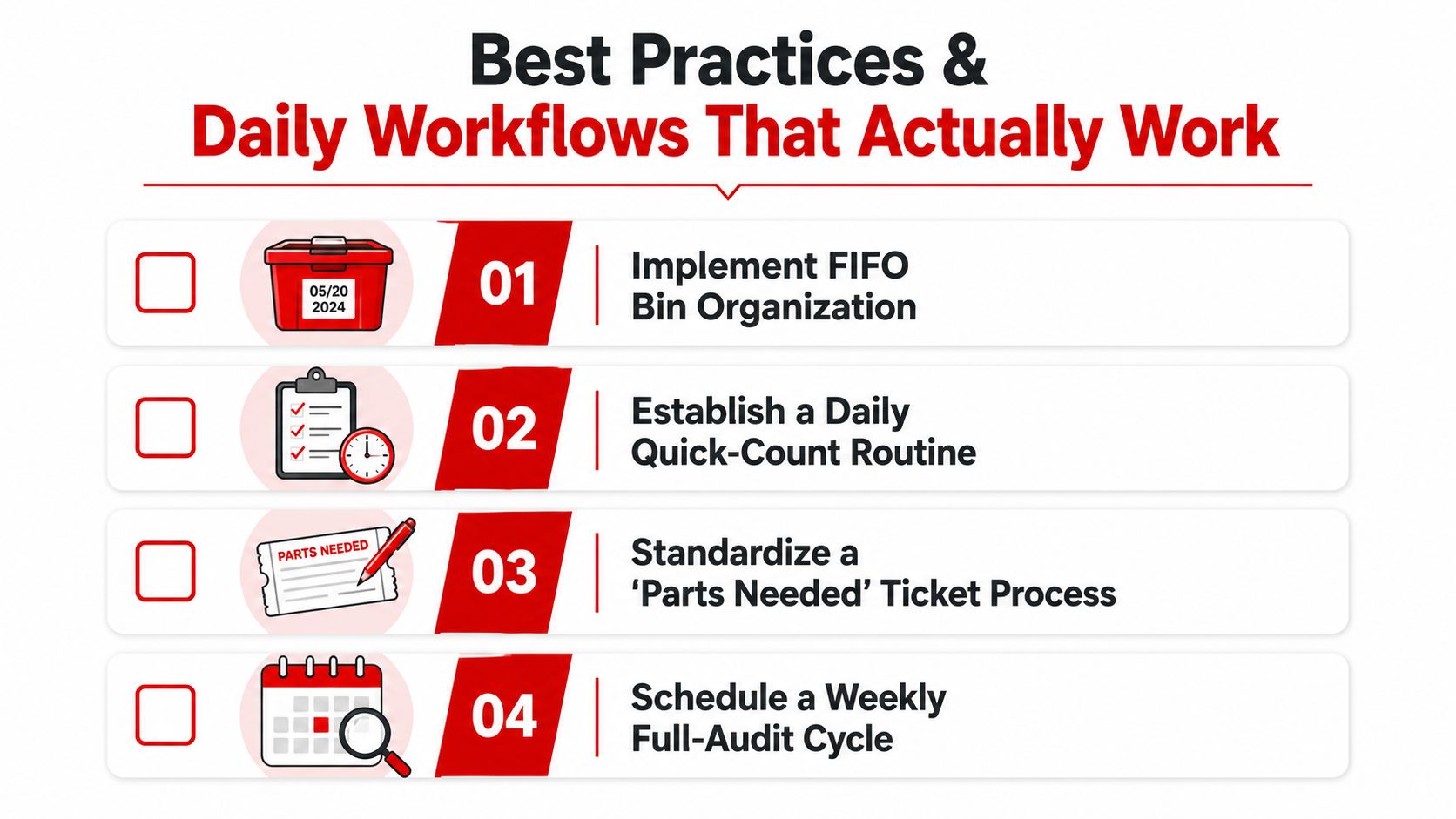 A checklist infographic titled Best Practices and Daily Workflows for efficient parts inventory management and tracking.