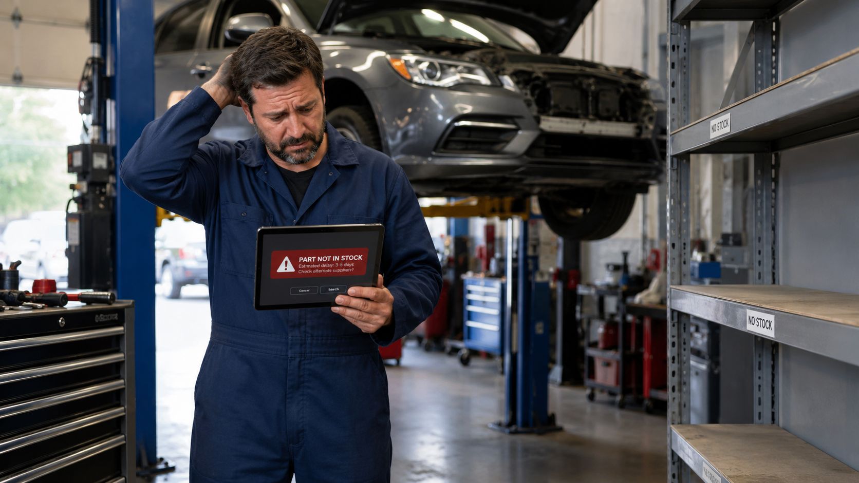 A concerned mechanic checking parts inventory on a digital tablet in an automotive repair shop.