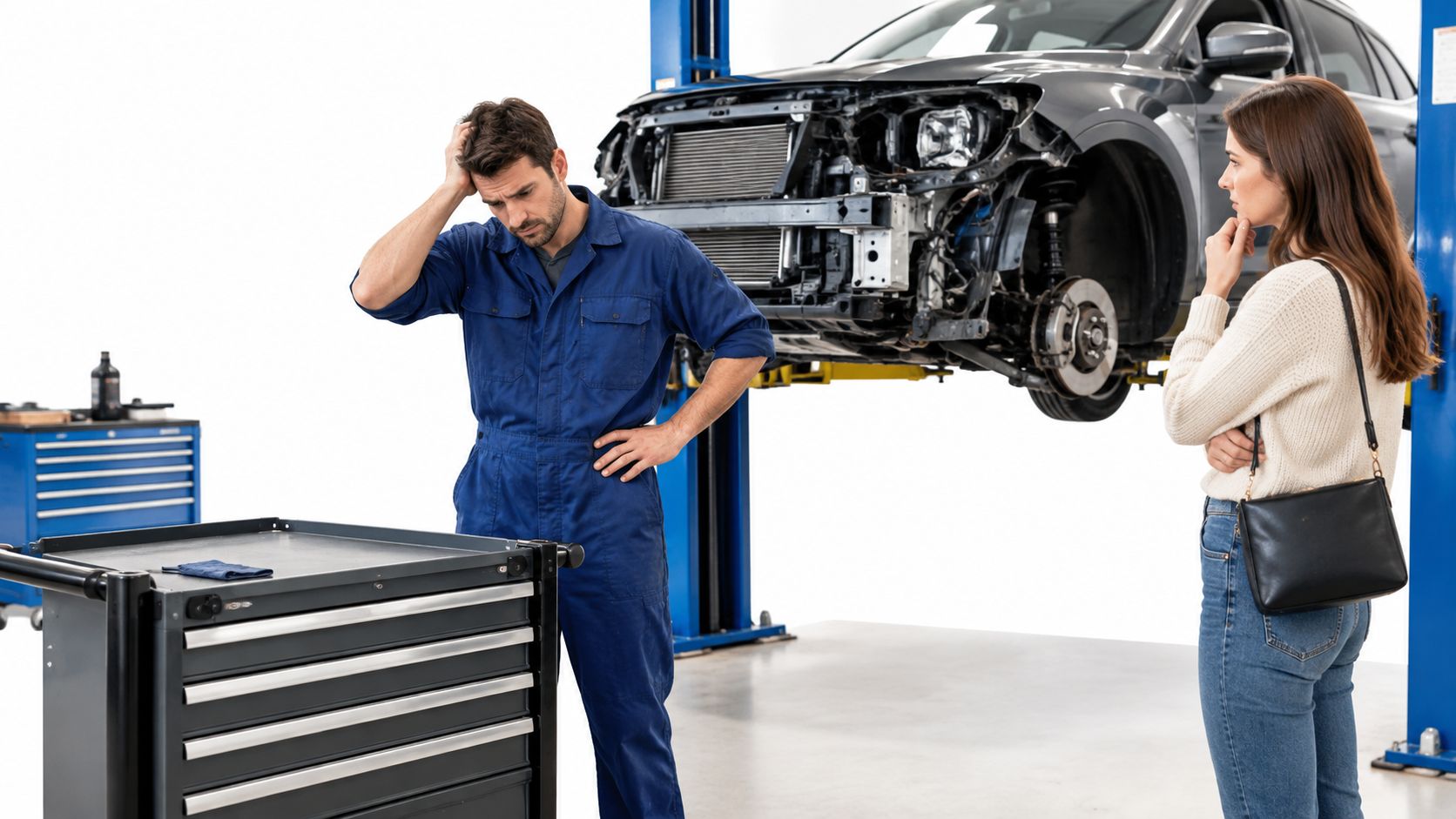 A worried mechanic in blue coveralls discussing car repair details with a customer in an auto shop.