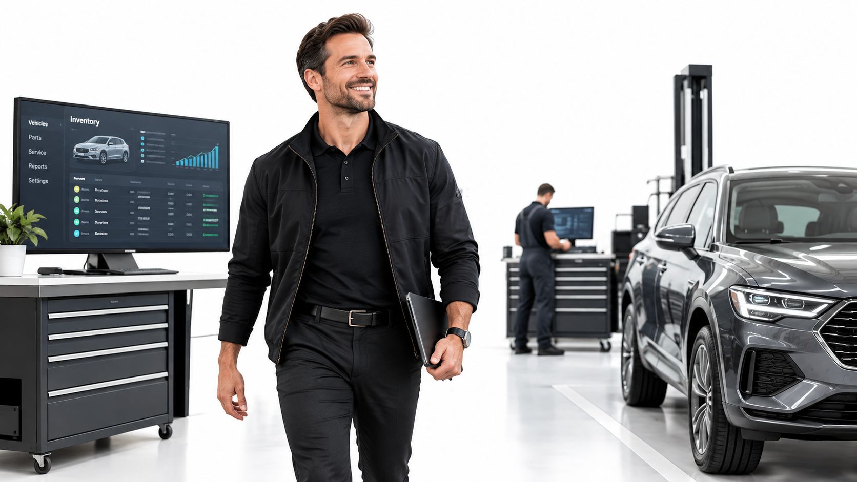 A professional manager walking through a modern automotive service workshop with a laptop, smiling confidently.