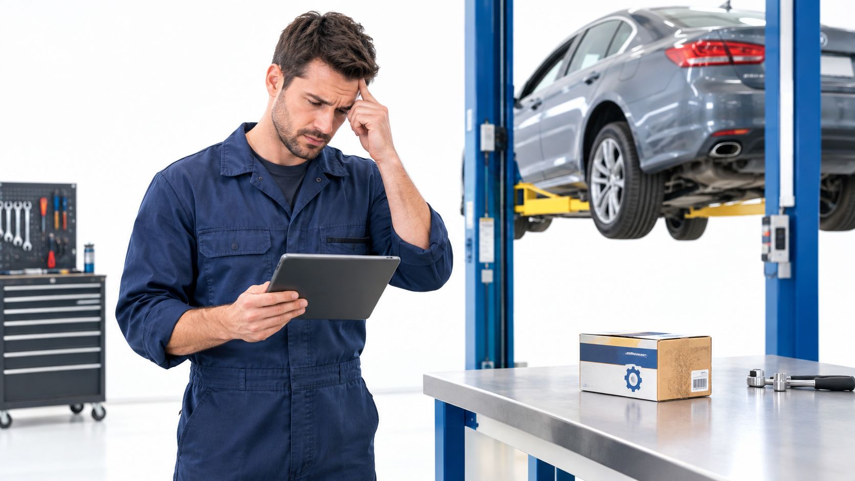 A concerned mechanic in blue coveralls examines a tablet in an auto repair shop with a car overhead.