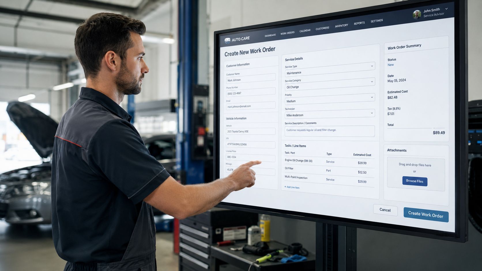 A service advisor using a digital screen to create a new work order for a vehicle maintenance service.