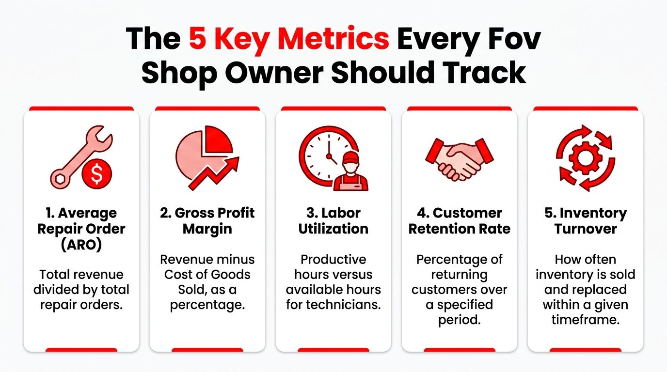 An infographic displaying five essential performance metrics for auto repair shop owners to monitor business success.