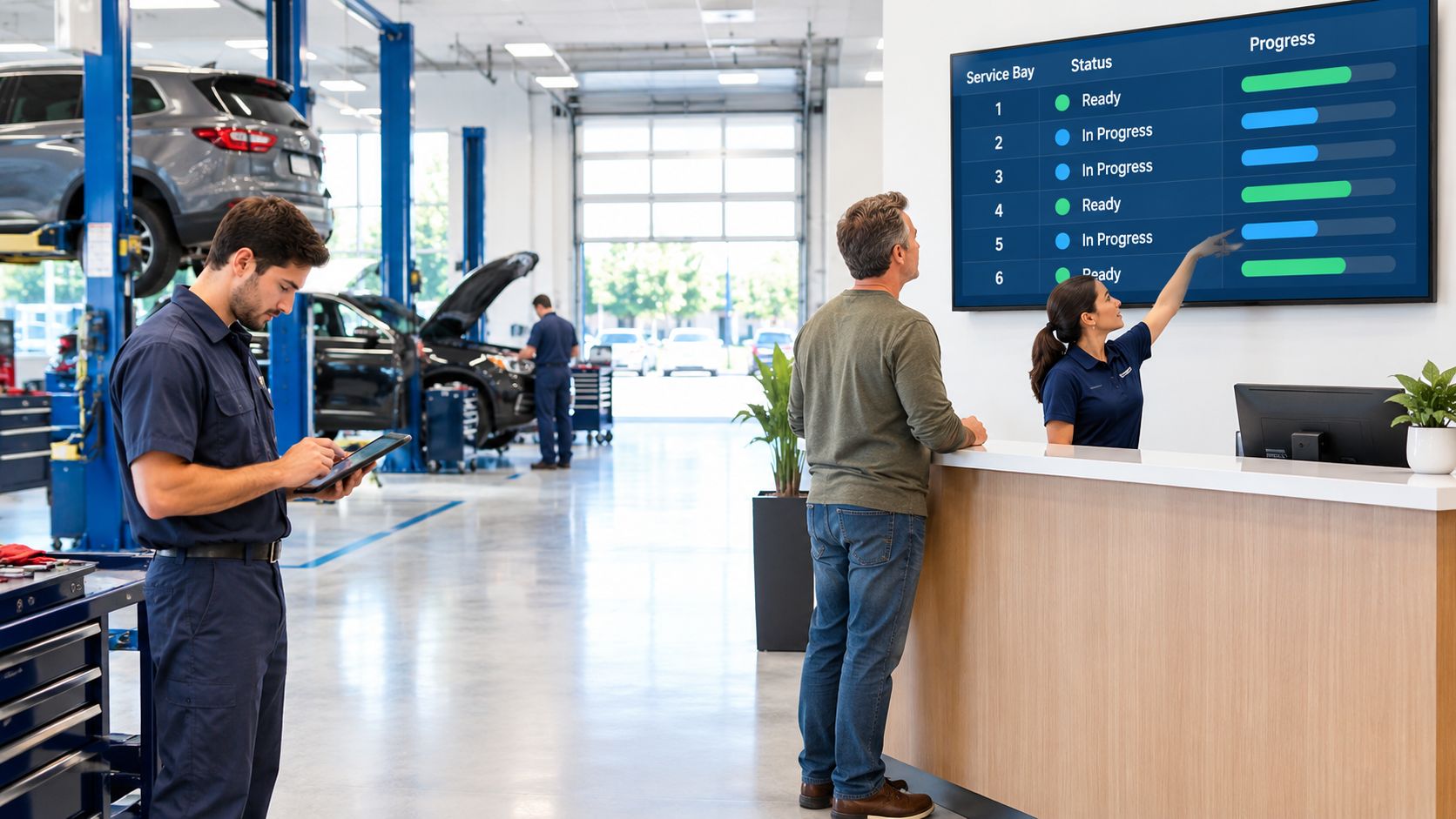A service advisor points to a digital progress tracking board while talking to a customer in an auto shop.