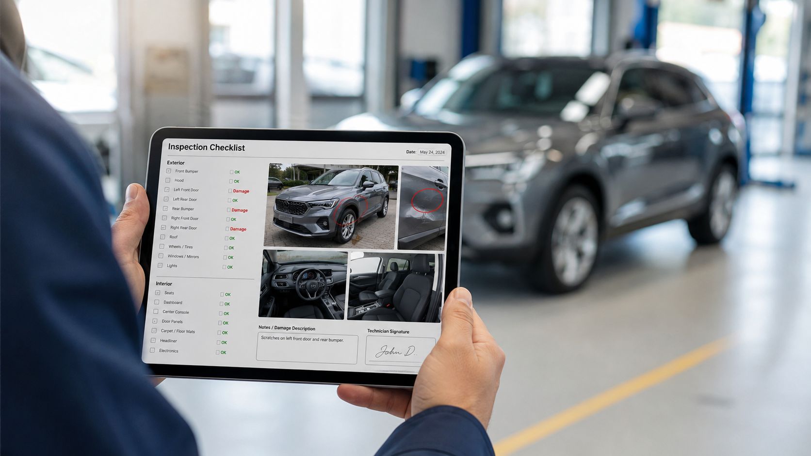 A technician holds a tablet displaying a vehicle inspection checklist with photos showing car body damage.
