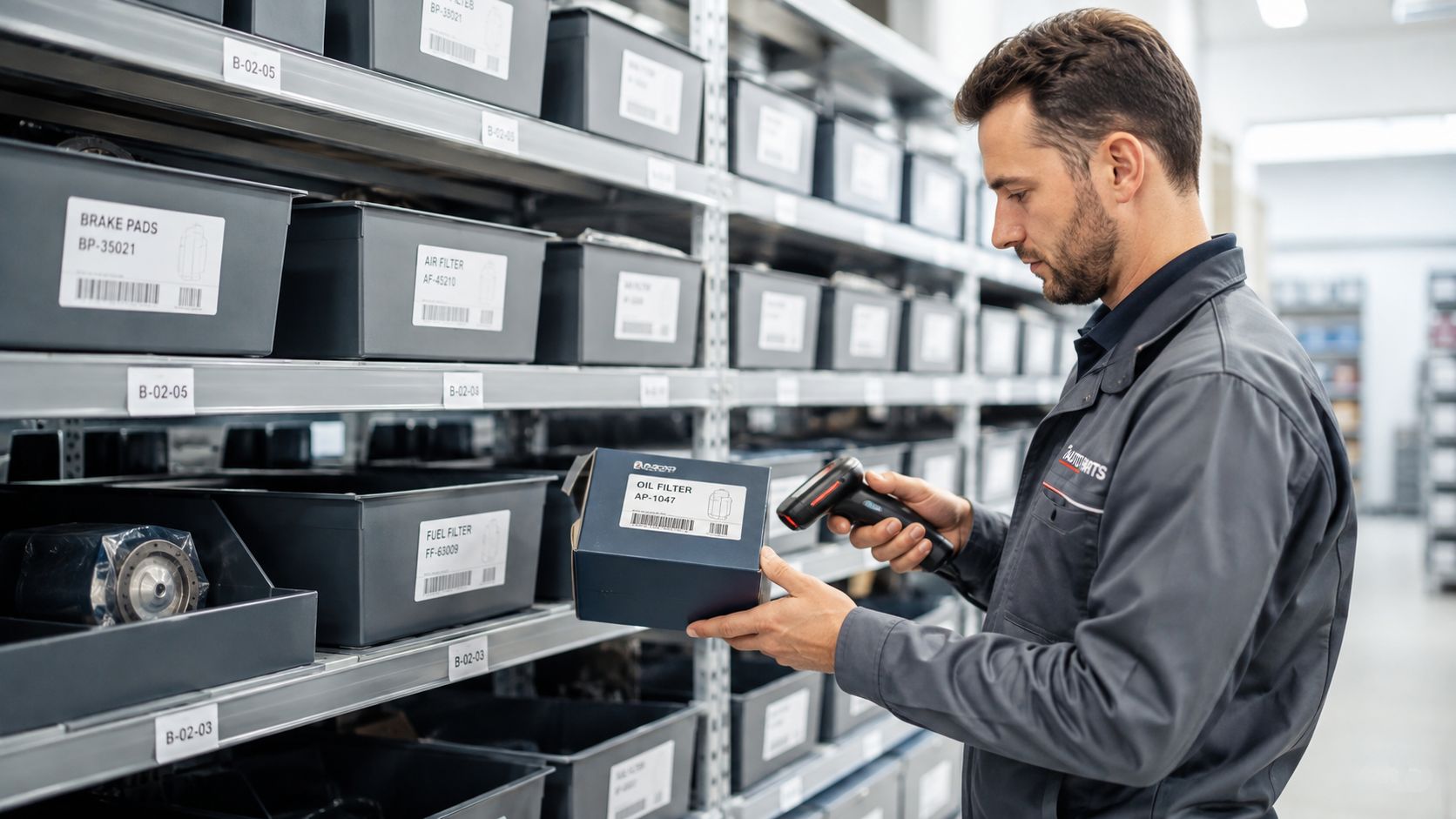 A warehouse employee scanning an oil filter box with a handheld barcode scanner for quality control.