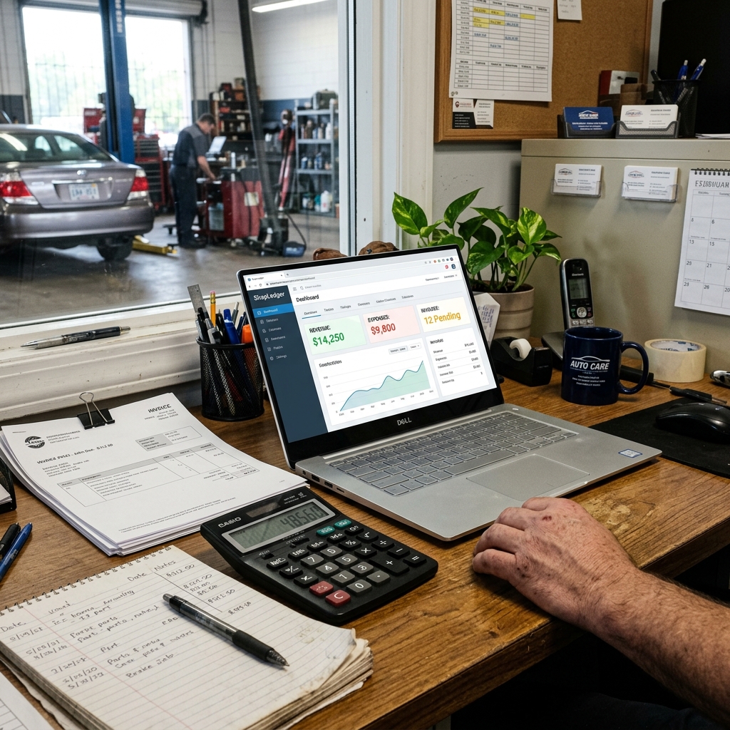 QuickBooks accounting software open on a laptop beside auto repair invoices and a calculator on a desk.