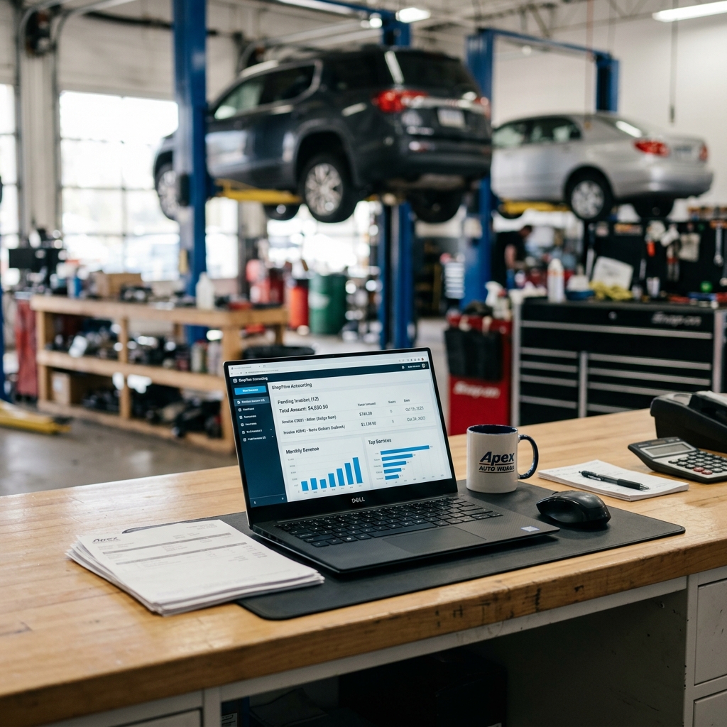 QuickBooks Online dashboard displayed on a laptop screen at a clean auto repair shop front desk with invoice data visible.