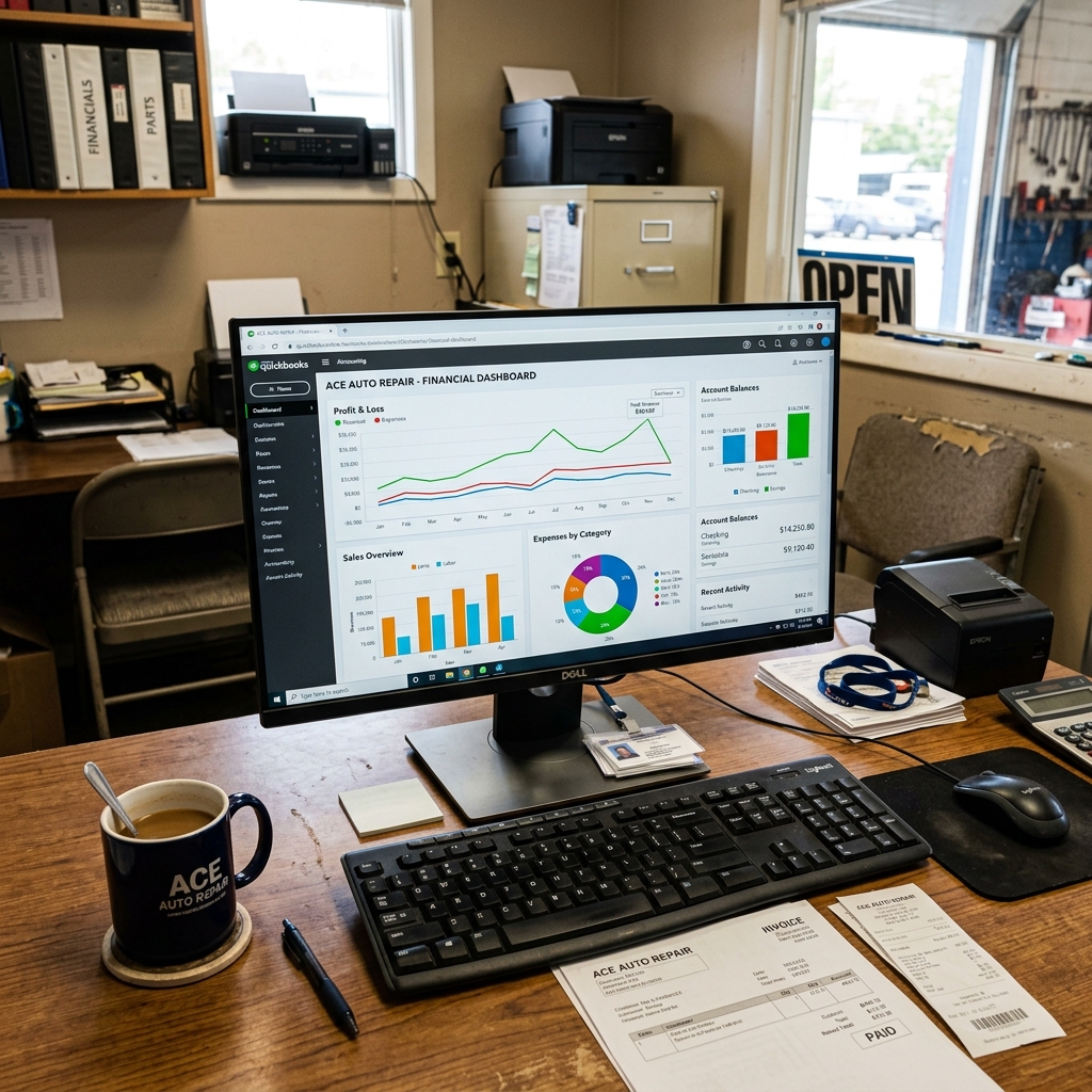 QuickBooks Online dashboard open on a desktop computer inside a tidy auto repair shop office, showing financial charts