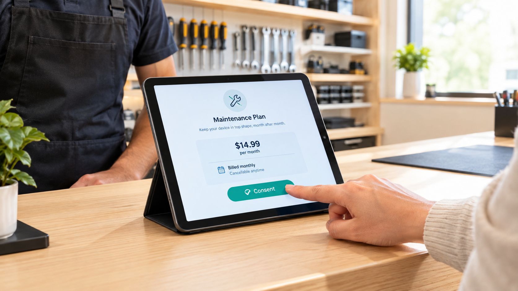 A customer pressing a consent button on a tablet to agree to a monthly maintenance payment plan.