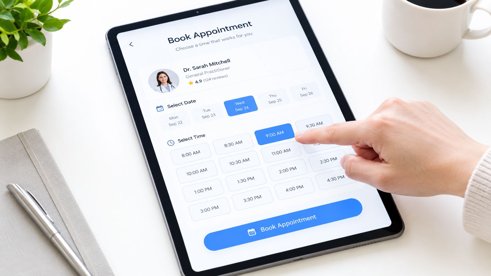 A person using a tablet to book a medical appointment with a general practitioner online.
