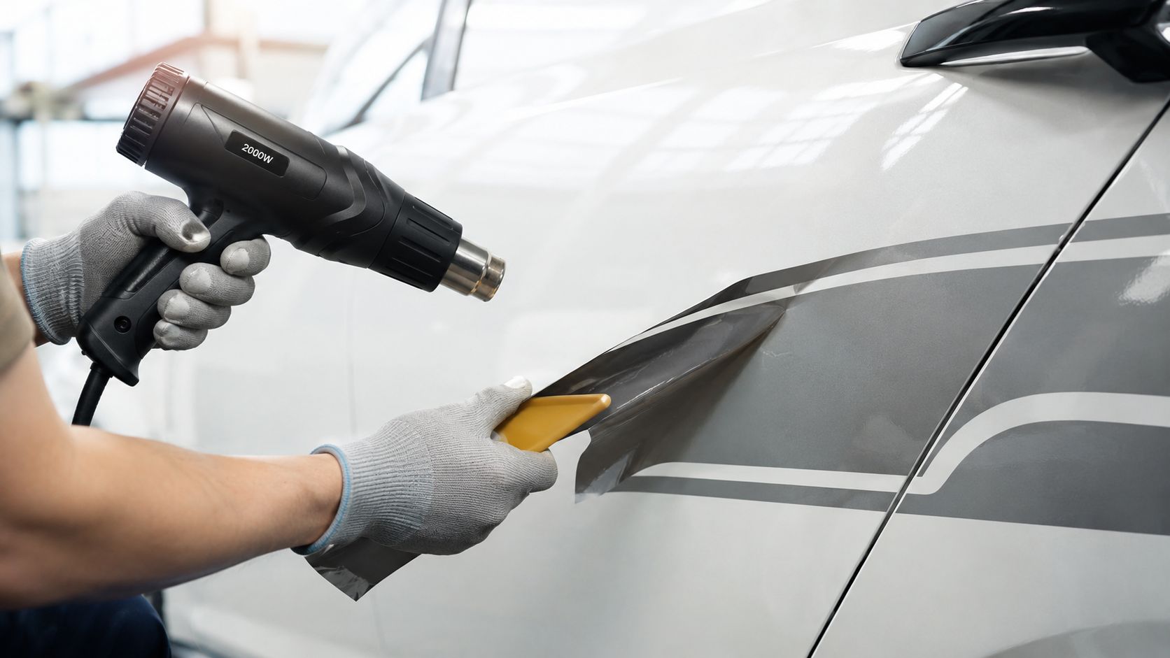 A professional technician using a heat gun and plastic scraper to carefully remove a car decal.