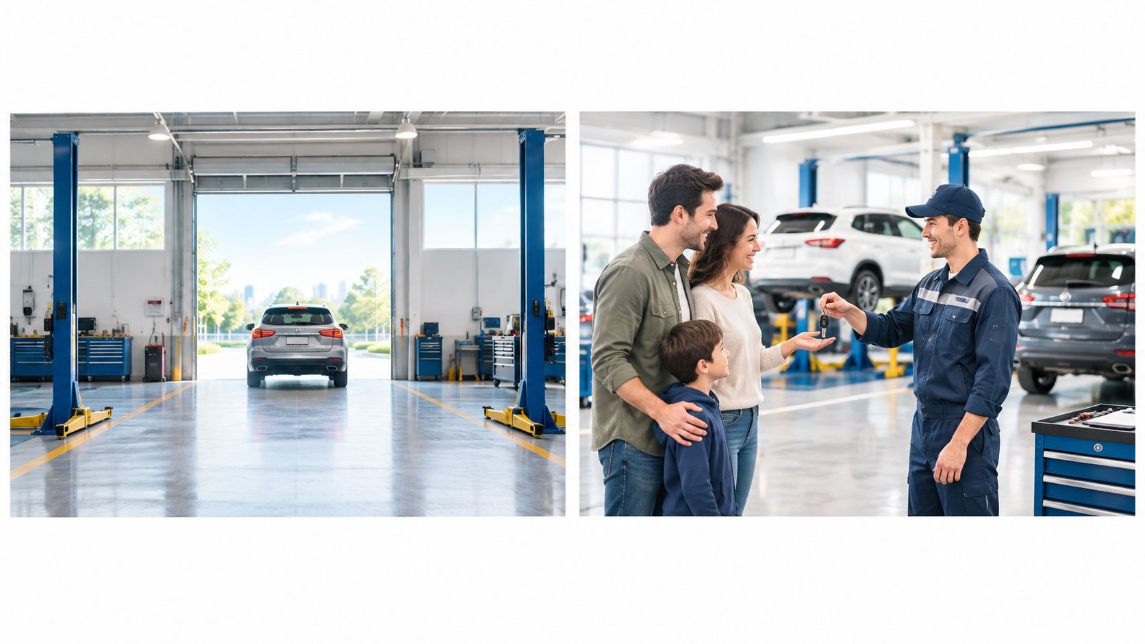 A family receiving car keys from a service technician inside an auto repair shop maintenance center.