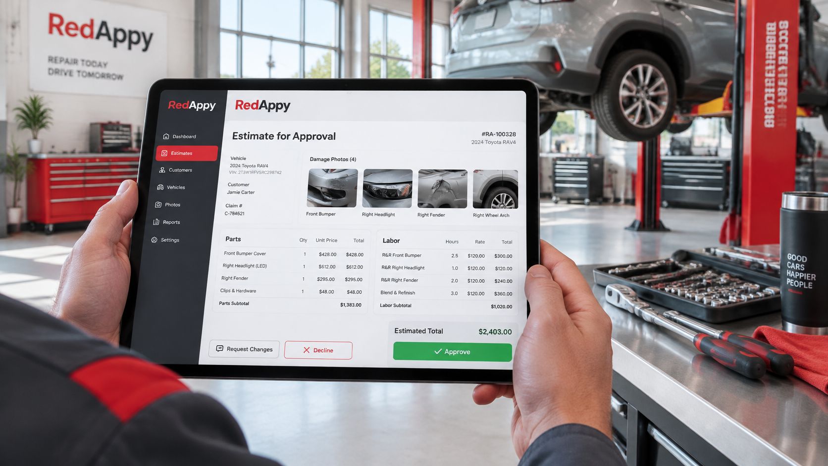 A technician holding a tablet displaying a digital car repair estimate for a 2024 Toyota RAV4.