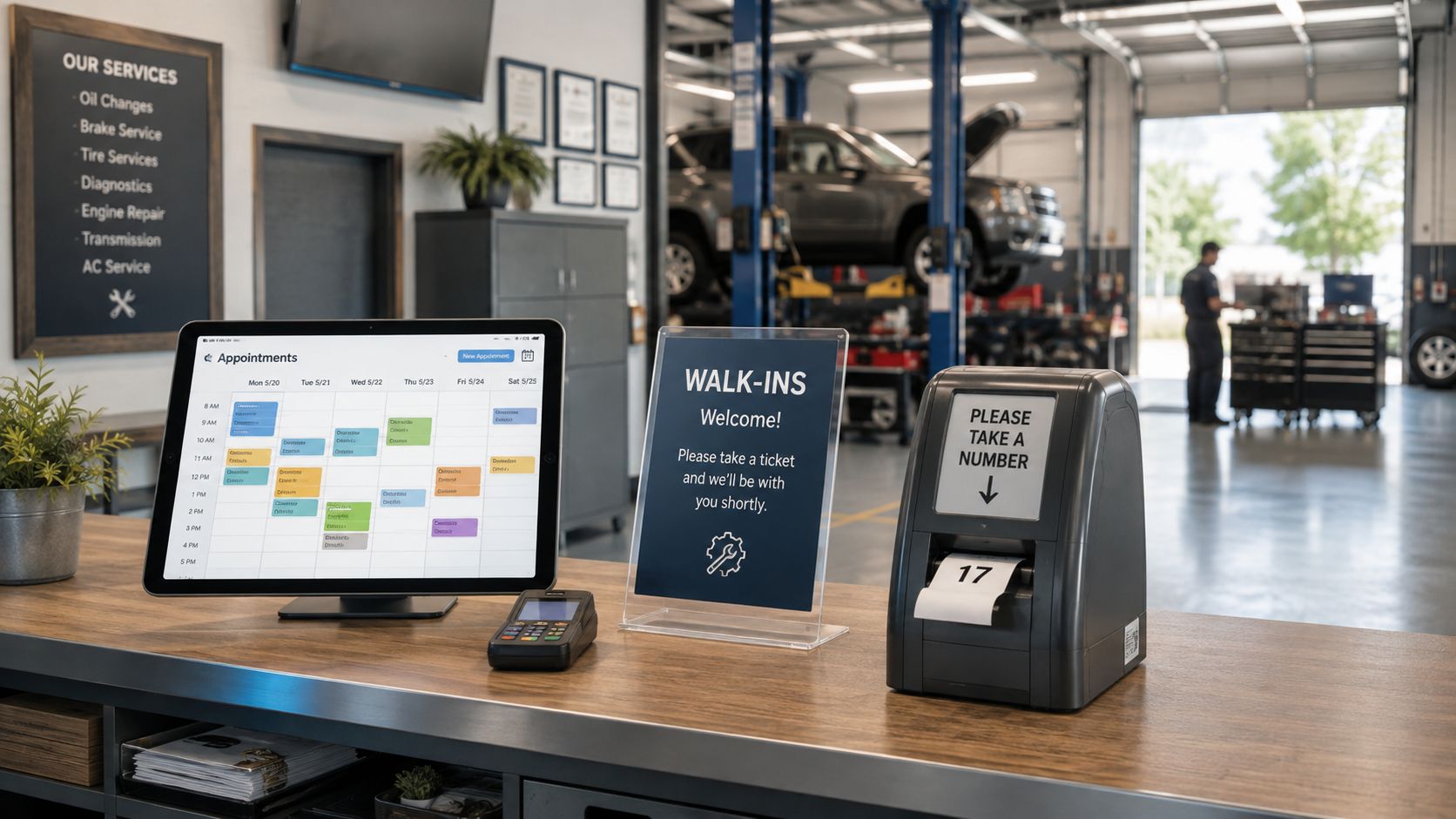 An auto repair shop reception desk with a digital appointment calendar, a walk-in sign, and ticket dispenser.