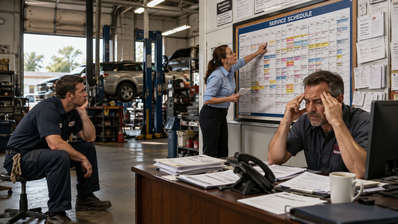 A service manager discusses the busy repair shop schedule with a stressed mechanic at a desk.