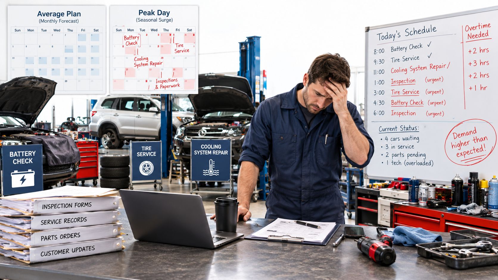 A stressed automotive mechanic looking at a packed schedule board in a busy, overwhelmed repair workshop.