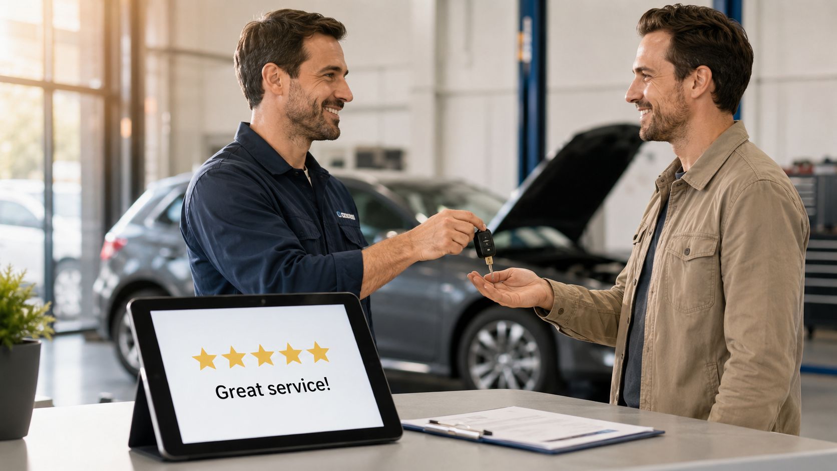 A professional mechanic handing car keys to a satisfied customer after auto repair service in a shop.
