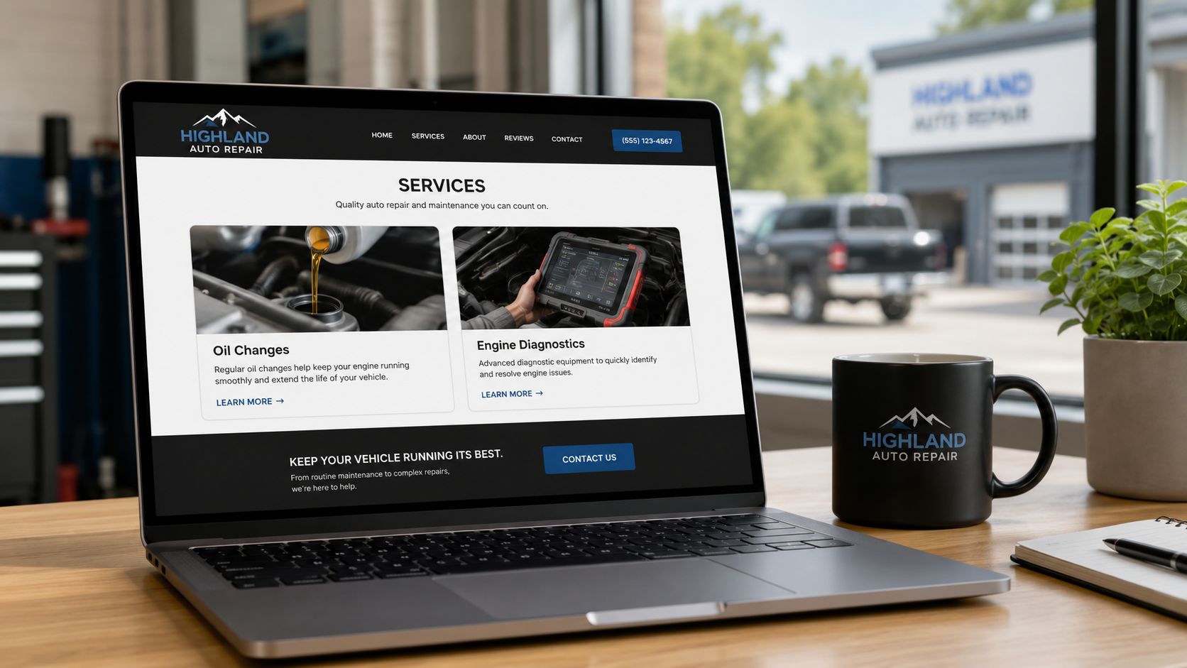 A laptop on a wooden desk displaying the website for Highland Auto Repair with services and contact information.
