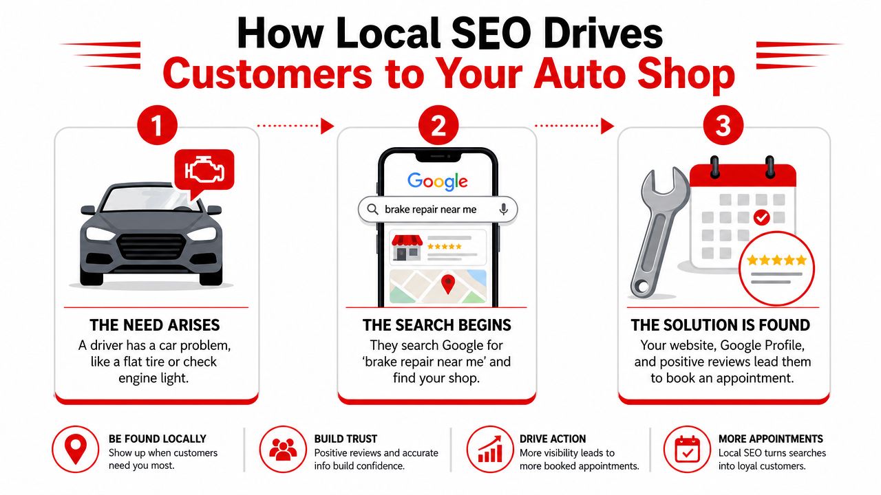 An infographic showing the three steps of how local SEO drives customers to an auto repair shop.