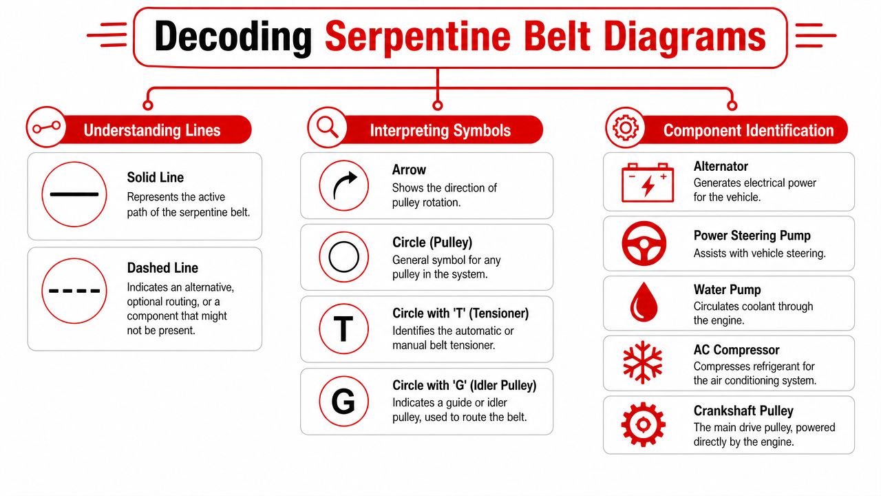 An infographic titled Decoding Serpentine Belt Diagrams explaining symbols and components found in automotive belt routing diagrams.
