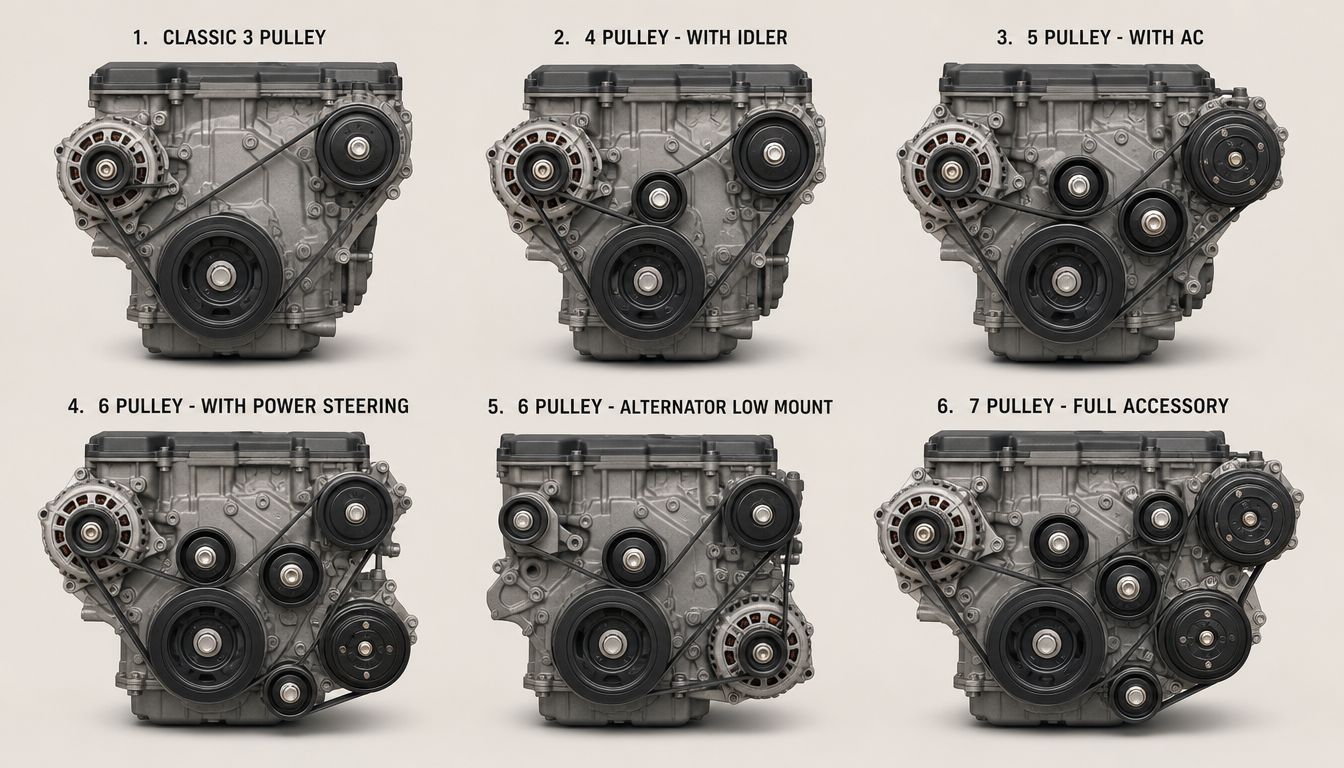 A diagram displaying six different engine configurations showing various serpentine belt routing patterns and accessory pulley layouts.