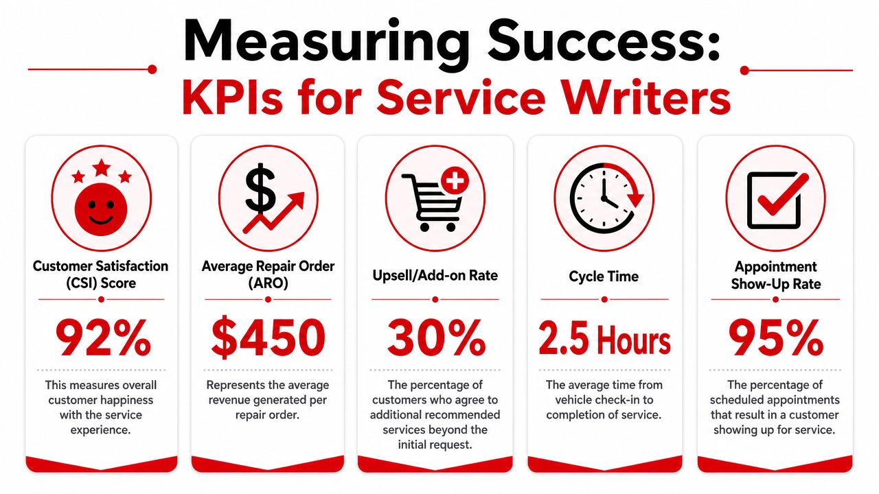 An infographic displaying five key performance indicators for service writers, including satisfaction, revenue, and efficiency metrics.
