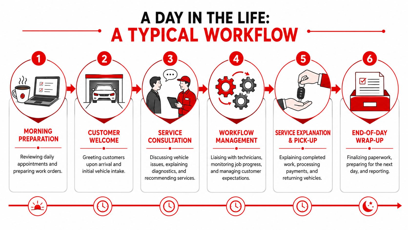 A flowchart showing the daily workflow of a service writer in an automotive service center.