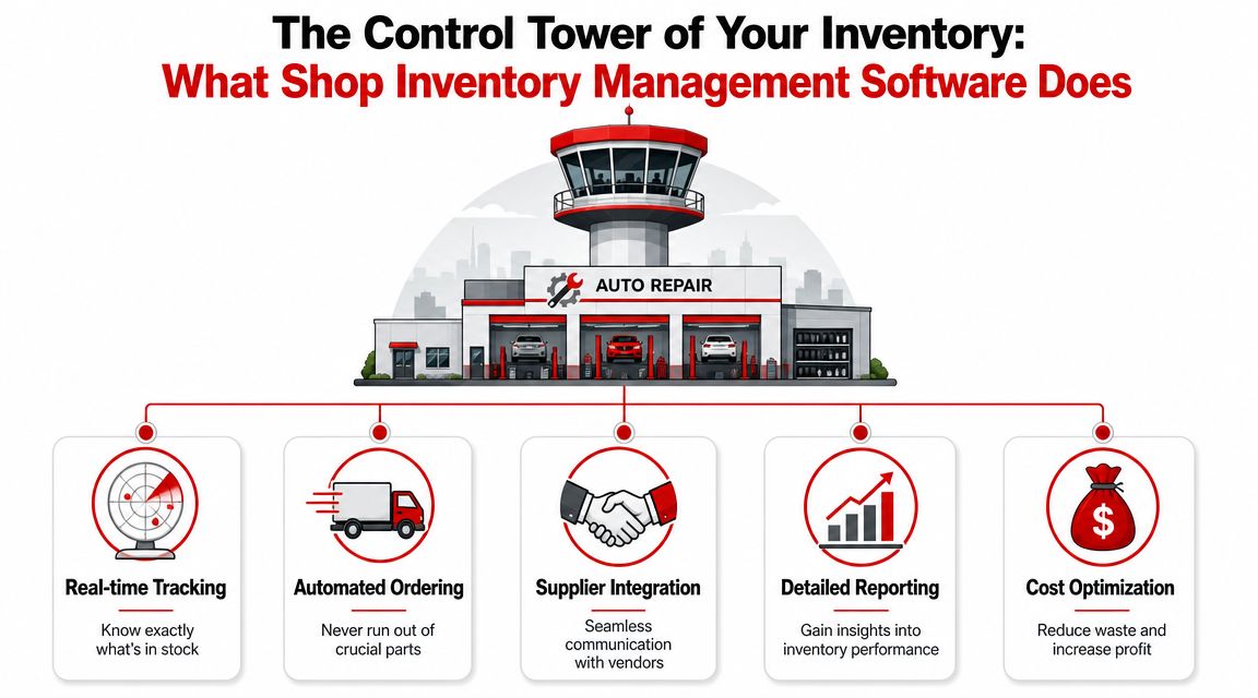 An infographic showing shop inventory management software benefits including tracking, ordering, integration, reporting, and cost optimization.