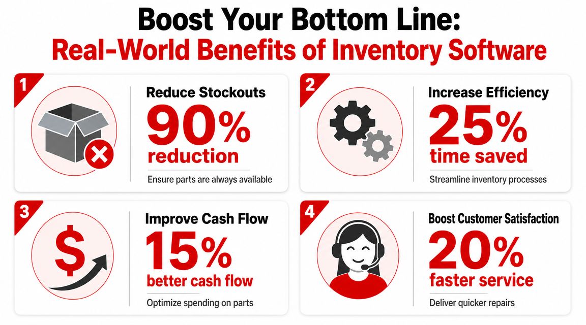 An infographic detailing four key business benefits of implementing inventory management software to improve company performance.