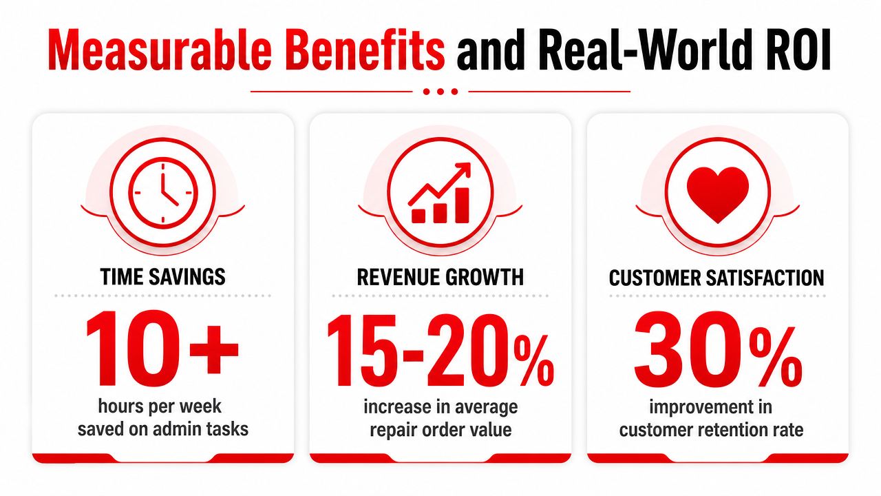 A graphic showing Measurable Benefits and Real-World ROI for shop management programs including time, revenue, and customer stats.