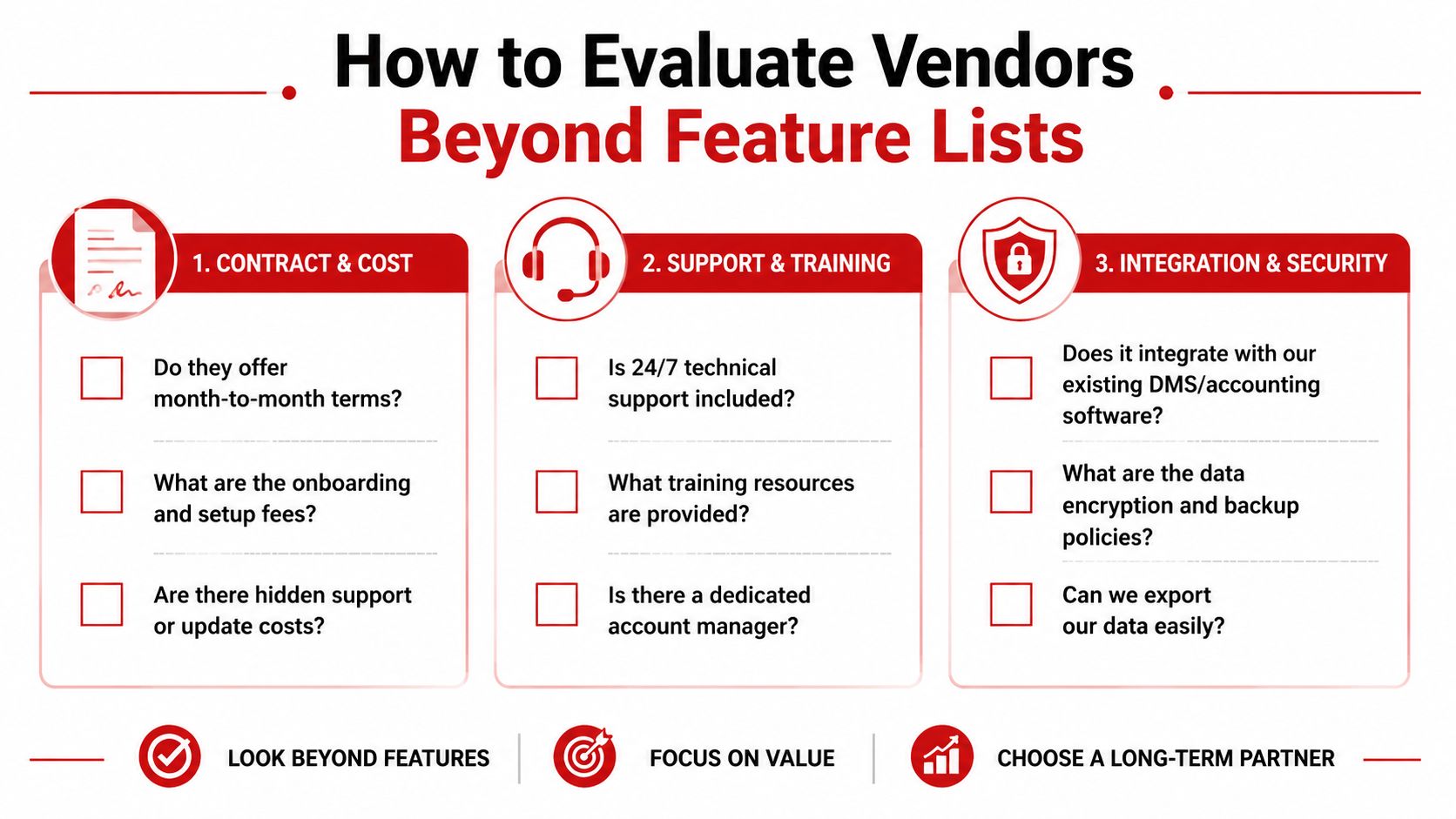 A professional infographic outlining three key criteria for evaluating vendors beyond basic product feature lists.