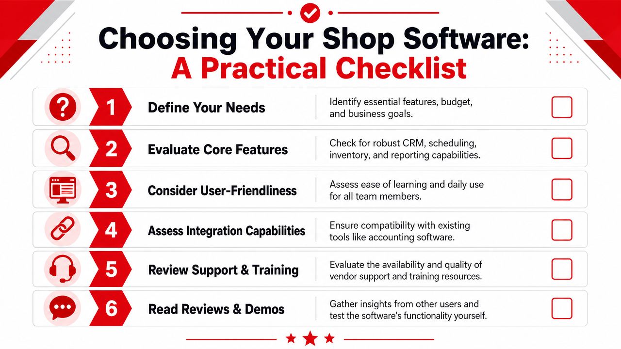 A six-step checklist infographic titled Choosing Your Shop Software to help businesses select the right management tools.