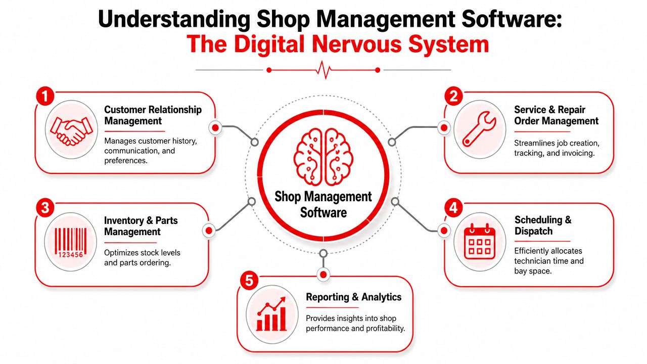 A diagram illustrating the five core components of shop management software as a digital nervous system.