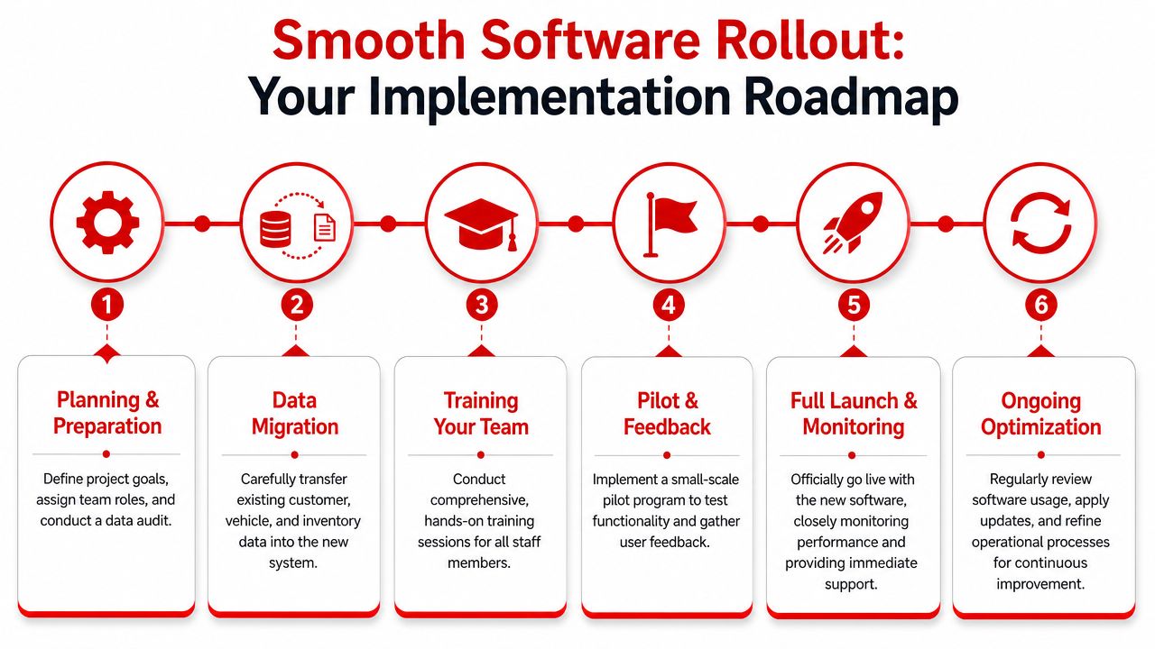 A six-step roadmap diagram illustrating the process for a smooth software rollout and successful business implementation.