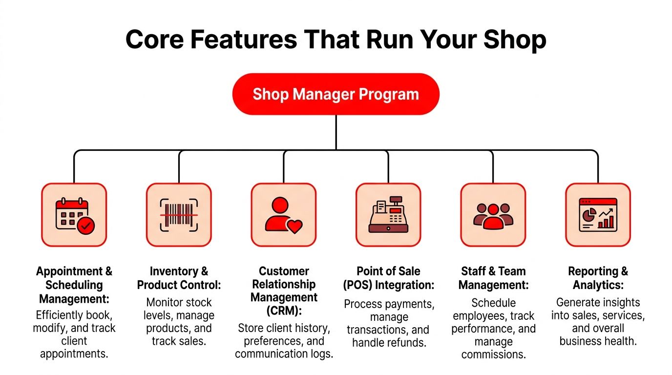 A diagram illustrating the core features of a shop manager program including inventory, CRM, and POS systems.