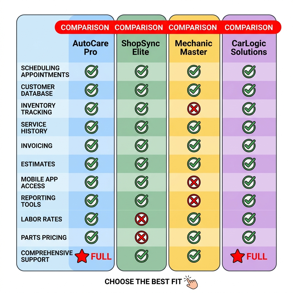 Side-by-side comparison chart of auto repair shop management software platforms displayed on a desktop monitor in a workshop office setting.
