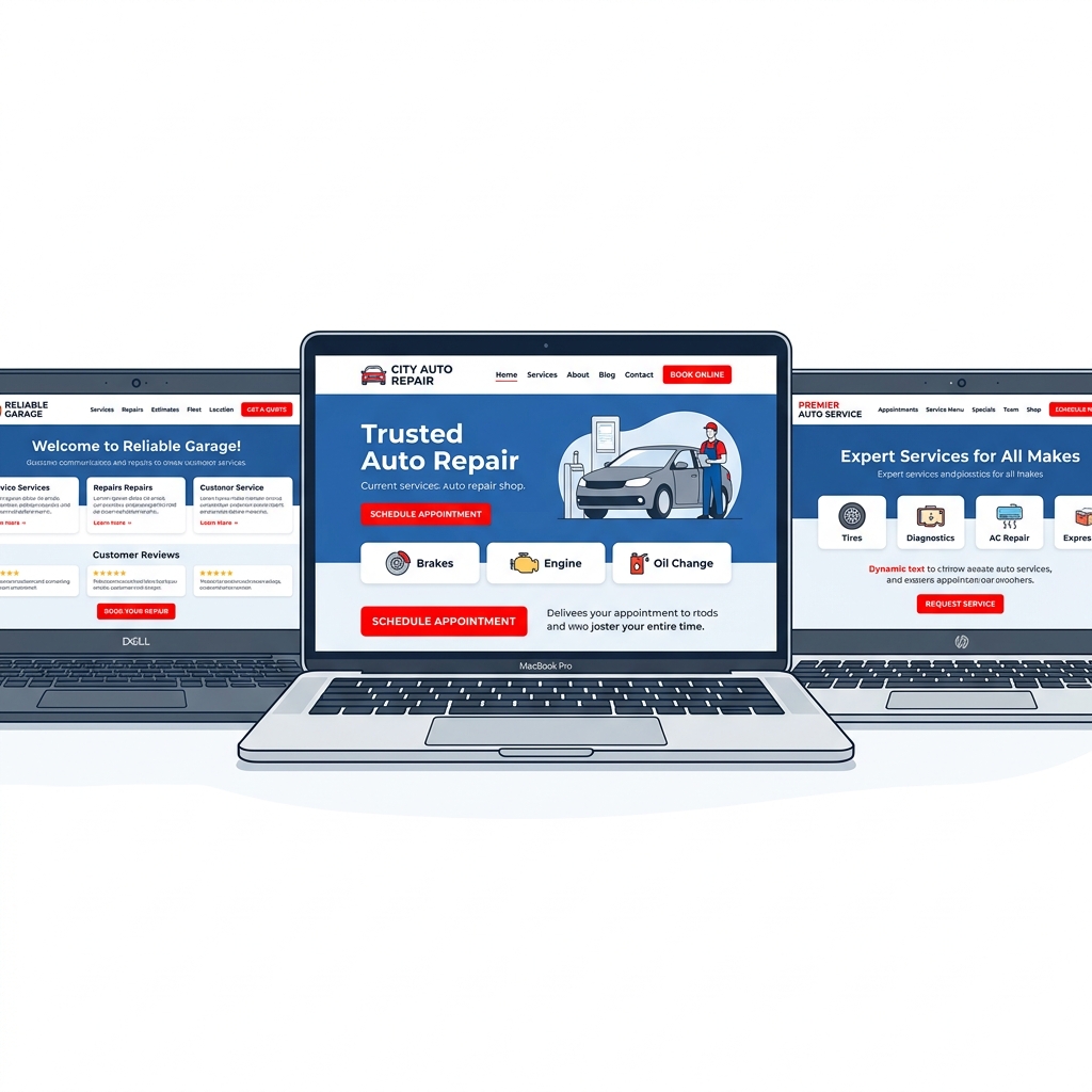 side-by-side comparison chart of auto repair shop websites displayed on multiple devices in a modern office setting